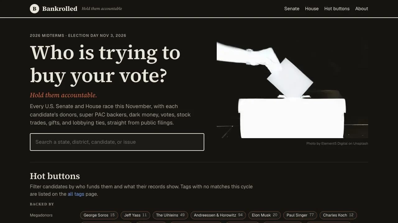 Bankrolled homepage, with candidate and race search and public-record topic filters